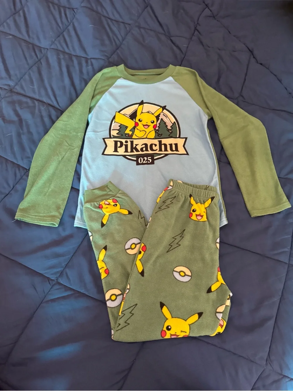 Pokémon Fleece Kids Pajama Set - Green and Light Blue with Pikachu Design